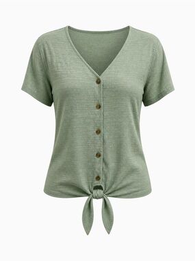 Light Green Button-Front Tie Hem Women's Top